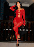 Women pearl leopard print net sexy long-sleeved jumpsuits