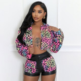 Women autumn Casual leopard plush Patchwork Pu-Leather Top and shorts Two Piece Set