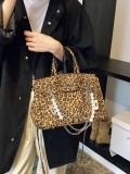Women French leopard platinum handbag pearl chain shoulder messenger bag