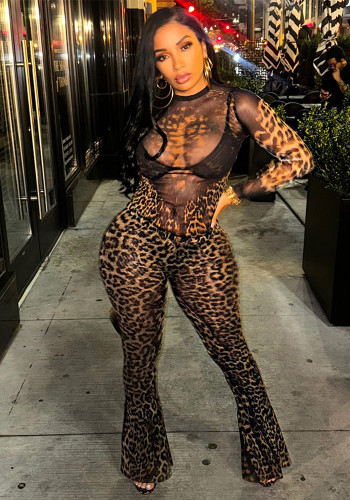 Women autumn sexy leopard print crop top and pant two piece set
