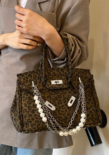 Women French leopard platinum handbag pearl chain shoulder messenger bag