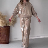 Women summer sequin print zipper casual top and pant two-piece set
