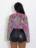 Women autumn Casual leopard plush Patchwork Pu-Leather Top and shorts Two Piece Set