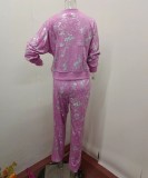 Women summer sequin print zipper casual top and pant two-piece set