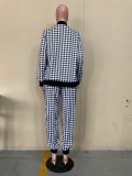 Women Casual long-sleeved Top and Pant houndstooth two-piece set