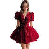 Women bridesmaid dress with flower V-neck short-sleeved dress