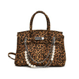 Women French leopard platinum handbag pearl chain shoulder messenger bag