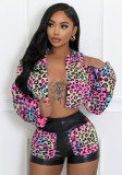 Women autumn Casual leopard plush Patchwork Pu-Leather Top and shorts Two Piece Set