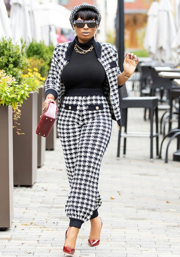 Women Casual long-sleeved Top and Pant houndstooth two-piece set