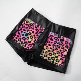 Women autumn Casual leopard plush Patchwork Pu-Leather Top and shorts Two Piece Set