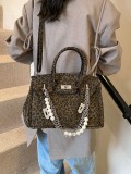 Women French leopard platinum handbag pearl chain shoulder messenger bag