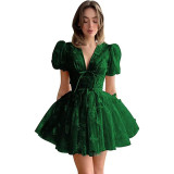 Women bridesmaid dress with flower V-neck short-sleeved dress