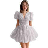 Women bridesmaid dress with flower V-neck short-sleeved dress