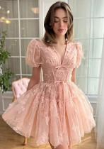 Women bridesmaid dress with flower V-neck short-sleeved dress Women bridesmaid dress with flower V-neck short-sleeved dress