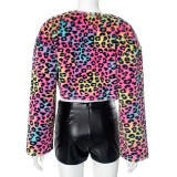 Women autumn Casual leopard plush Patchwork Pu-Leather Top and shorts Two Piece Set