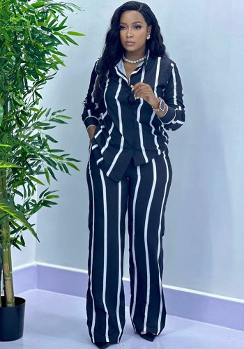 Women Casual Striped Long Sleeve Top and Pant Two Piece Set