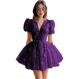 Women bridesmaid dress with flower V-neck short-sleeved dress