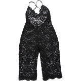 Summer Sexy Deep V-Neck See-Through Lace Sleeveless High Waist Slim Jumpsuit