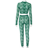 Women autumn lace Crop sexy long-sleeved Top and Pand Two Piece Set