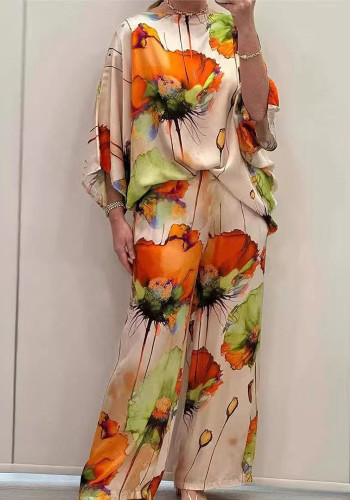 Summer And Autumn Elegant Loose Print Bat Sleeves Top Wide Leg Pants Two Piece Set