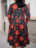 Autumn And Winter Women Flower Print Plus Size Long Sleeve Round Neck Dress