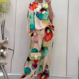 Summer And Autumn Elegant Loose Print Bat Sleeves Top Wide Leg Pants Two Piece Set