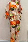 Summer And Autumn Elegant Loose Print Bat Sleeves Top Wide Leg Pants Two Piece Set