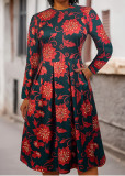 Autumn And Winter Women Flower Print Plus Size Long Sleeve Round Neck Dress