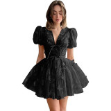 Women bridesmaid dress with flower V-neck short-sleeved dress