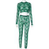 Women autumn lace Crop sexy long-sleeved Top and Pand Two Piece Set
