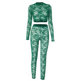 Women autumn lace Crop sexy long-sleeved Top and Pand Two Piece Set