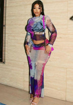 Sexy Printed  See-Through Mesh Round Neck Long Sleeve Top Slim Skirt Fashion Two Piece Women Set