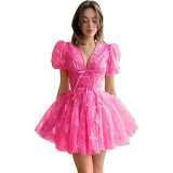 Women bridesmaid dress with flower V-neck short-sleeved dress