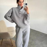 Spring And Autumn Women's Fashion Button Stand Collar Top Loose Pants Two Piece Set