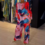Summer And Autumn Elegant Loose Print Bat Sleeves Top Wide Leg Pants Two Piece Set