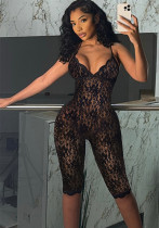 Summer Sexy Deep V-Neck See-Through Lace Sleeveless High Waist Slim Jumpsuit
