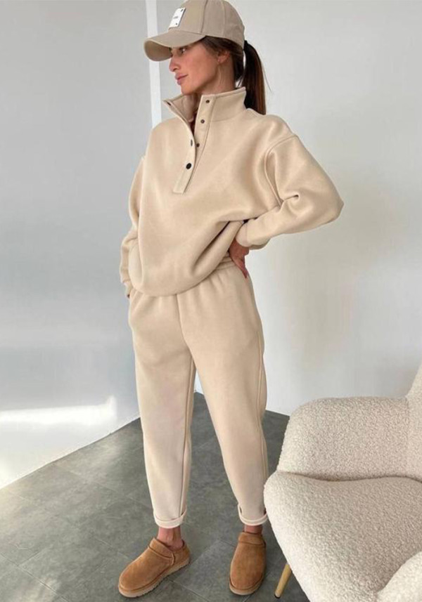Spring And Autumn Women's Fashion Button Stand Collar Top Loose Pants Two Piece Set