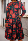 Autumn And Winter Women Flower Print Plus Size Long Sleeve Round Neck Dress