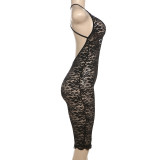 Summer Sexy Deep V-Neck See-Through Lace Sleeveless High Waist Slim Jumpsuit