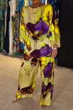 Summer And Autumn Elegant Loose Print Bat Sleeves Top Wide Leg Pants Two Piece Set