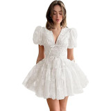 Women bridesmaid dress with flower V-neck short-sleeved dress