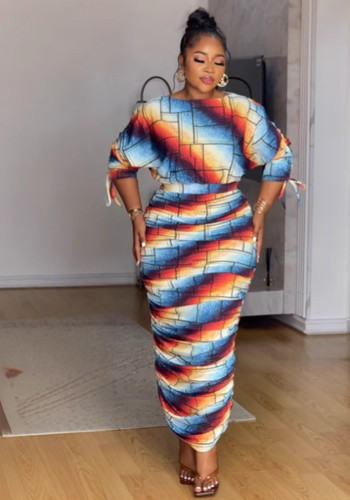 Printed Pleated Long-Sleeved Two-Piece Skirt Set