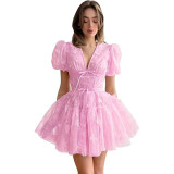 Women bridesmaid dress with flower V-neck short-sleeved dress