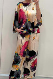 Summer And Autumn Elegant Loose Print Bat Sleeves Top Wide Leg Pants Two Piece Set
