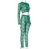Women autumn lace Crop sexy long-sleeved Top and Pand Two Piece Set