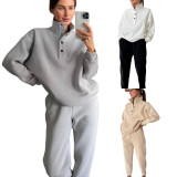 Spring And Autumn Women's Fashion Button Stand Collar Top Loose Pants Two Piece Set