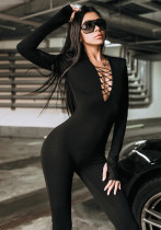 Spring And Autumn Hollow Lace-Up Long Sleeve Solid Color Jumpsuit Spring And Autumn Hollow Lace-Up Long Sleeve Solid Color Jumpsuit