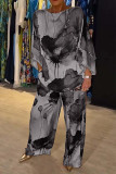 Summer And Autumn Elegant Loose Print Bat Sleeves Top Wide Leg Pants Two Piece Set