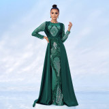 Women Long Sleeve Round Neck Sequined Formal Party Maxi Cape Fishtail Evening Dress