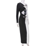 Women Fall/Winter Contrast Metal Decoration Single Sleeve Dress